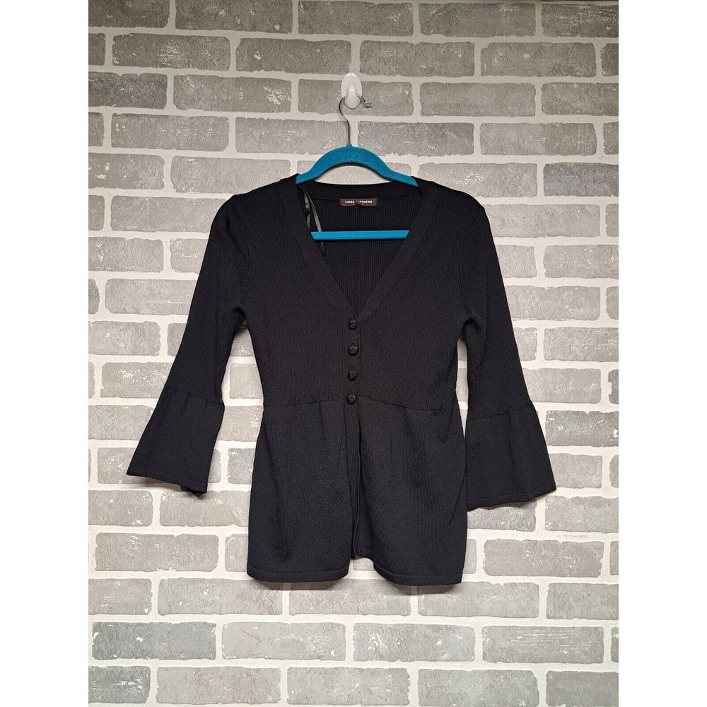 Linda Matthews Womens Ribbed Black 3/4 Bell Sleeve Embroidered Buttons Top Large